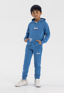 Boys blue fleece hoodie and joggers set, front view, features hood and kangaroo pocket.