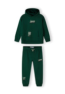 Boys green fleece hoodie and joggers set, front view with kangaroo pocket and drawstring waistband.