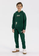 Boys green fleece hoodie and joggers set, front view, features kangaroo pocket and printed accents.