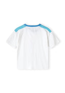 Boys short sleeve t-shirt in white with blue accents, back view.