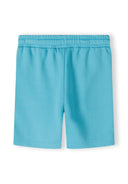 Back view of blue fleece shorts with elasticated waistband.