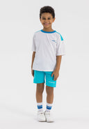 Boys short sleeve t-shirt and fleece shorts set, white and turquoise, front view, features chest print and elasticated