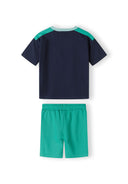 Boys short sleeve t-shirt and fleece shorts set, back view, features elasticated waistband and side pockets.