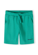 Fleece shorts in green with elastic waistband and drawstring, front view.