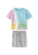 Boys short sleeve t-shirt and fleece shorts set with multicoloured tie dye pattern, featuring a round neckline and chest
