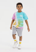 Boys short sleeve t-shirt with multicoloured tie dye and fleece shorts, front view.