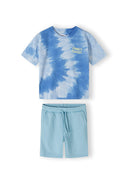 Boys short sleeve t-shirt with blue tie-dye print and fleece shorts, front view.