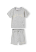 Boys grey short sleeve t-shirt and shorts set, front view, features kangaroo pockets and printed detail.