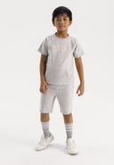 Boys grey short sleeve t-shirt and shorts set, front view, features kangaroo pockets and printed detail.
