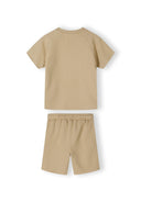Boys short sleeve t-shirt and shorts set in beige, back view, features raglan sleeves and elasticated waistband.