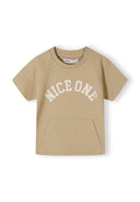 Beige short sleeve boys t-shirt with printed design and kangaroo pocket, front view.