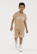 Boys beige short sleeve t-shirt and shorts set, front view, features kangaroo pocket and printed design.