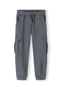Boys grey cargo joggers with side pockets, front view.