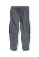 Boys cargo joggers in grey, front view with side pockets and elasticated waistband.