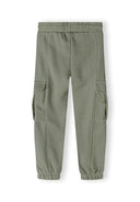 Boys khaki cargo joggers with elasticated waistband and side pockets, back view.