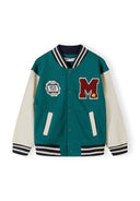 Front view of a green fleece baseball jacket with decorative patches.