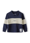Boys fleece jumper with polo collar, navy with contrasting panels, front view.