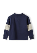 Boys fleece jumper with polo collar, navy with contrasting panels, back view.