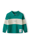 Boys fleece polo jumper in green with contrasting panels, front view, features a classic collar and ribbed cuffs.