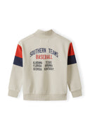 Boys half zip jumper in cream with ribbed cuffs, back view showing logo and contrasting panels.