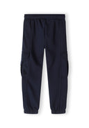 Boys navy cargo joggers with elastic waistband and side pockets, front view.