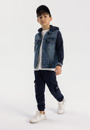 Boys navy cargo joggers with elastic waistband and side pockets, front view.