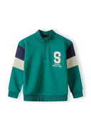 Boys half zip jumper in green with contrasting sleeve panels and ribbed cuffs.