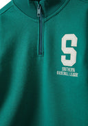 Boys half zip jumper in green with embroidered logo detail.