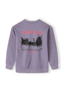 Boys oversized lilac crew neck sweatshirt with graphic print on back.