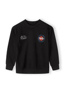 Boys black sweatshirt, oversized fit, round neckline, graphic print on front.