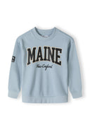 Boys light blue fleece crew neck sweatshirt, front view, featuring 'MAINE' print and sleeve patch.