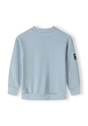 Back view of boys light blue fleece crew neck sweatshirt with ribbed cuffs and logo patch.