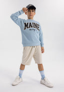 Boys light blue fleece crew neck sweatshirt with front print, ribbed cuffs.