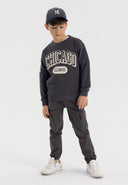 Boys grey fleece crew neck sweatshirt with decorative print, front view.