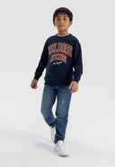 Boys navy fleece crew neck sweatshirt with print, front view, ribbed cuffs.