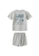 Boys grey short sleeve t-shirt and shorts set, back view, tennis print.
