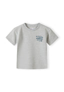 Boys grey short sleeve t-shirt with tennis print, front view.