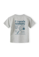 Boys grey short sleeve t-shirt with tennis print, back view.