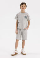 Boys grey short sleeve t-shirt and shorts set, featuring tennis print on chest.