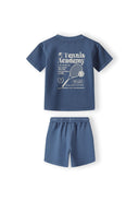 Boys short sleeve t-shirt and shorts set in blue, back view, features tennis motif print.