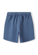 Back view of boys' blue shorts with elasticated waistband.