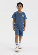 Boys short sleeve t-shirt and shorts set in blue, featuring a tennis motif on the chest and back.
