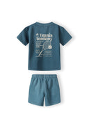 Boys green short sleeve t-shirt and shorts set, back view, featuring tennis print.
