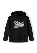 Boys oversized black hoodie with kangaroo pocket, front view.