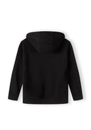 Back view of a black oversized boys hoodie with a hood and ribbed cuffs.