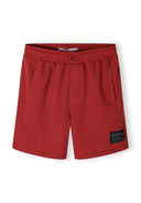 Boys fleece shorts in red with ribbed side panels, front view, featuring elastic waistband and side pockets.