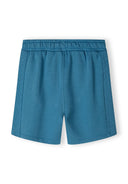 Boys blue fleece shorts, back view with ribbed side panels and elastic waistband.