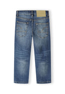 Boys navy ripped straight leg jeans, back view with pockets.
