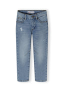 Boys baggy jeans, light blue, front view with elasticated waistband and subtle rip details.