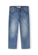 Boys navy denim jeans, straight leg, front view with ripped details.